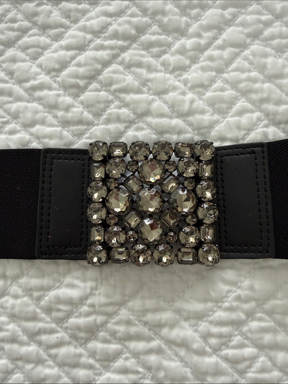BCBGMaxAzria Black Elastic Belt with Smoky Crystal Square Buckle Size M Y2K